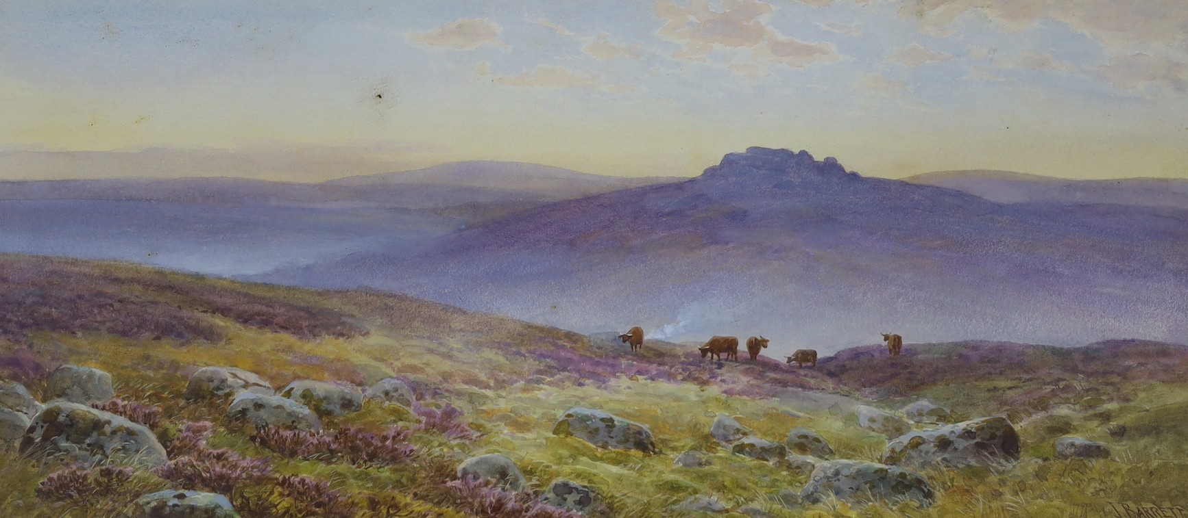 John Barrett (1822-1893), watercolour, 'Evening light, Dartmoor', signed, 25 x 55cm